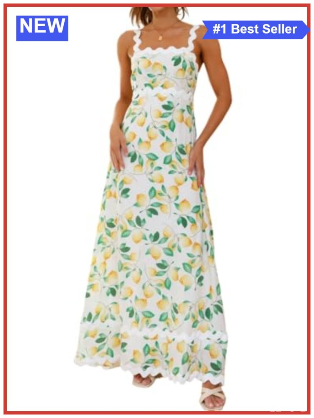 Women's Sleeveless Lemon Print Maxi Ric Rac Dress Cotton Casual Day to Night